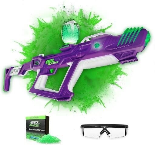 Purple and white Gel Blaster Starfire XL with green glow effect, gellet pack, and safety glasses on dark background