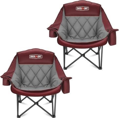 Two Overmont burgundy and gray quilted camping chairs shown front and back on white background