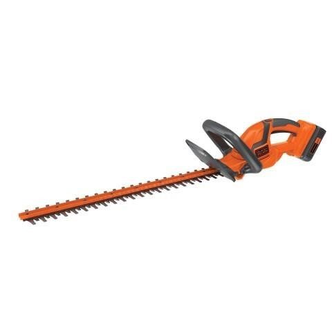 Orange and black BLACK+DECKER cordless hedge trimmer with long serrated blade on white background