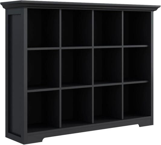 Black wooden twelve-cube open storage bookcase with crown molding top on white background