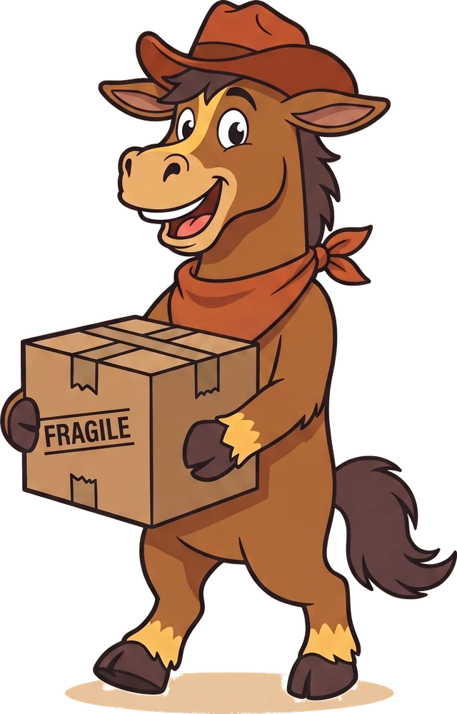 Buck the bronco carrying a box marked fragile
