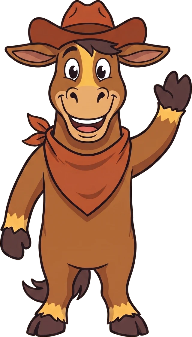 Buck the BiddyUp bronco, waving hello